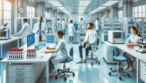 Equipe médica trabalhando em laboratório de análises clínicas